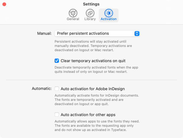Typeface Auto Activation Settings